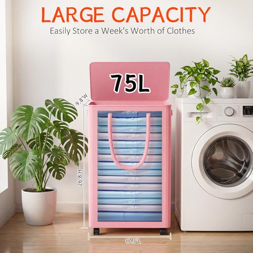Slim Laundry Hamper with Wheels,20 Gal (75L) Rolling Laundry Basket with lid and wheels Clothes Hamper Foldable Tall Dirty Clothes Basket Sturdy Collapsible Clothes Hamper for Dorm,Laundry Room - color: Pink, size: 75L (17.3"L x 9.8"W x 26.8"H)
