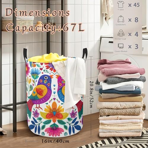 Colorful Bird Laundry Hamper,Flowers Mexican Style Collapsible Laundry Basket with Handles Waterproof Storage Bin for Clothes Books Organizer Basket for Bedroom Bathroom Dormitories 16" x 20.8" - color: Colorful Bird Flowers Mexican Style