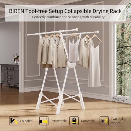 BIREN Clothes Drying Rack Heavy Duty Clothing Racks Foldable Laundry Rack Two Drying Modes Garment Racks for Drying Clothes, Adjustable Length from 32-55 Inches for Indoor Outdoor Use - color: White