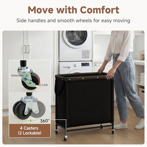 StorageWorks 3 Section Laundry Hamper, 120L Black Sorter Cart with Wheels - color: Black, size: 120L(3-Section)