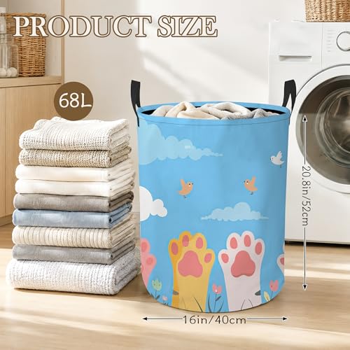 Cat Paw Laundry Basket Oxford Cloth Blue Sky Laundry Hamper With Handle Foldable Portable Clothes Storage Basket Storage Bag For Laundry Room/Bathroom/Bedroom/Dormitory 20.8"x16" - color: Cat Paw