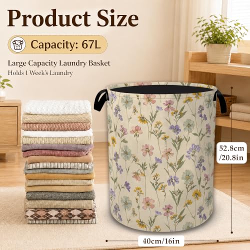 Vintage Pastel Wildflower Collapsible Laundry Hamper for Bedroom, Freestanding Oxford Clothes Basket, Large Foldable Storage Bin with Easy-Carry Handles for Bathroom Dorm Laundry Room - color: Vintage Pastel Wildflower