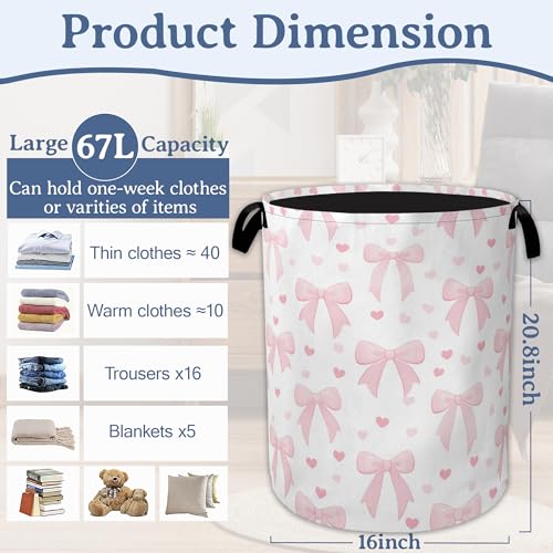 Cute Pink Bow Laundry Basket,Foldable Oxford Cloth Heart Laundry Hamper with Handles, 20.8"x16" Tote Bag Clothes Storage Bucket for Laundry Room/Bathroom/Bedroom/Dormitories - color: Cute Pink Bow Heart