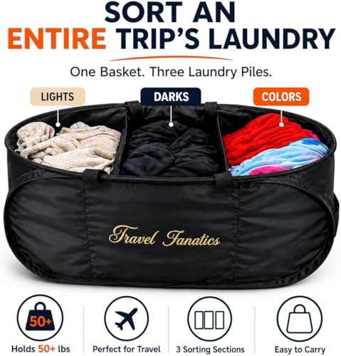 Travel Fanatics Collapsible Laundry Basket with 3 Dividers, 2 Pack (60L / 16 Gal Each) – Foldable Laundry Sorter for Travel, RV, Hotel & Dorm