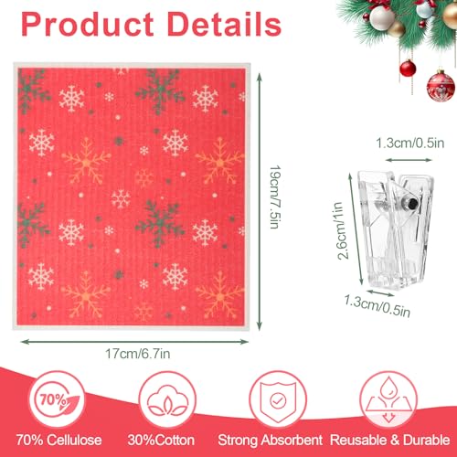 6 Pack Christmas Swedish Dishcloths for Kitchen, Snowflake Elk Xmas Tree Reusable Paper Towels with Adhesive Clips, Stocking Stuffers for Adults Absorbent Cellulose Sponge Cloths for Cleaning Kitchen - color: Green Christmas Tree