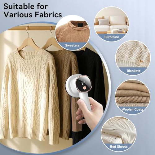 Rechargeable Fabric Shaver, 6-Leaf Blades, LED Display, 3 Speeds - color: White