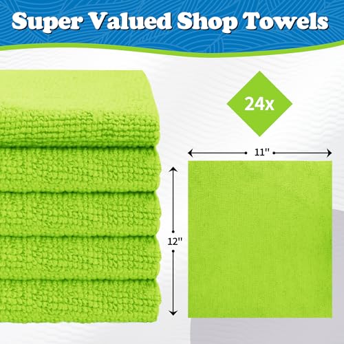 FIXSMITH Microfiber Cleaning Cloth, Shop Towels Bulk, 24 Pack Green Microfiber Towels for Cars, All-Purpose Absorbent Cleaning Rags, Dust Cloth for Automotive, Mechanic, Garage, Bar, 12 x 11 inch - color: Green, size: 24PK