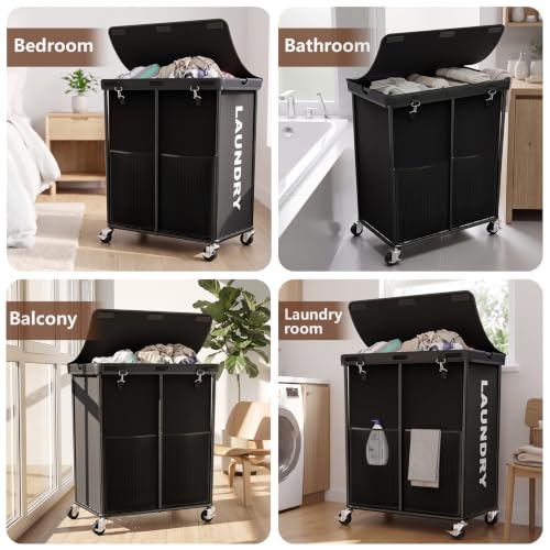 Laundry Hamper with Wheels and Lid, 225L Large Rolling Laundry Basket Black - color: Black, size: 225L