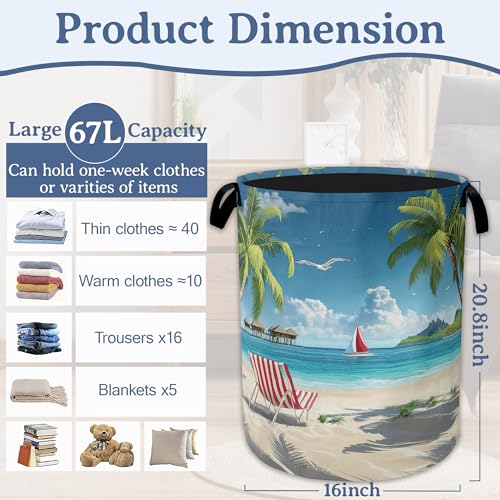 Tropical Beach Laundry Basket,Foldable Waterproof Oxford Cloth Tote Bag Hawaii Palm Tree Laundry Hamper with Handles,20.8"x16" Clothes Storage Bucket Organizer for Laundry Room, Bathroom, Bedroom - color: Tropical Beach Hawaii Palm Tree