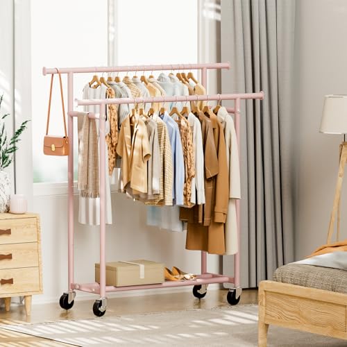 HYSEYY Clothes Rack, Double Rods Rolling Clothing Rack for Hanging Clothes, Portable Garment Rack with Wheels, Coat Rack Wardrobe Closet Load 240 LBS for Bedroom Laundry Room (Pink, L) - color: Pink