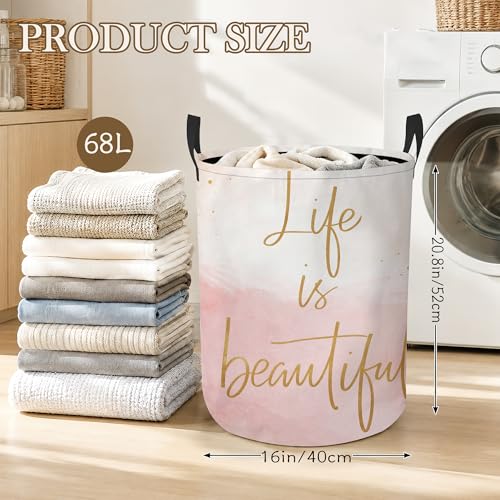 Beautiful Life Laundry Hamper, Pink Gold Laundry Baskets, Waterproof Oxford Cloth for Room/Bathroom/Bedroom/Dormitories 16x20.8 Inch - color: Beautiful Life