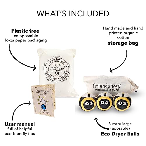 Friendsheep Wool Dryer Balls, Organic Reusable Fabric Softener Alternative for Laundry, Handmade, Fair Trade, Hypoallergenic, Eco-Friendly, Plastic-Free (3 Pack XL – Honey Bee) - color: Honey Bee Trio, size: 1 Count (Pack of 3)
