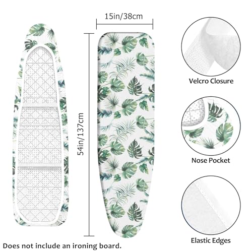 Padded Ironing Board Cover, 15 * 54 in Standard Size Ironing Board Covers, Easy Hook and Loop Fastener, Universal Fit for Standard Boards - color: Green Leaves