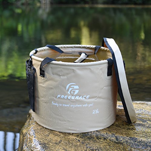 Freegrace Collapsible Water Bucket with Lid 23L Portable Camping Wash Basin - color: Khaki, size: 23L