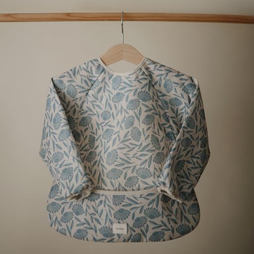 mushie Long Sleeve Baby Bib | Water Resistant Adjustable Fit - color: Blue Flowers