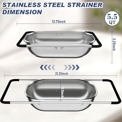 Over the Sink Colander, Expandable Strainers and Colanders with Fine Mesh, Colander for Kitchen with Rubber Grip for Draining Pasta, Vegetables and Fruits - Essential Kitchen Sink Strainer - color: Black