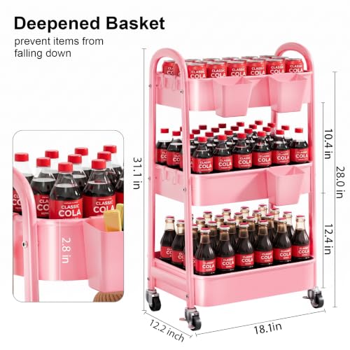 3 Tier Rolling Storage Cart Metal with Wheels, Pink Three Tiered Craft Cart - color: Soft Pink