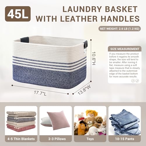 45L Woven Laundry Basket Hamper with Leather Handles,Denim Blue - color: Denim Blue, size: 45L