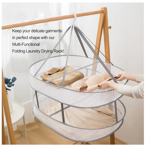 Multi-Functional Folding Laundry Drying Rack, Large Mesh Garment Basket for Sweaters, Socks, Underwear, Plush Toys, Deformation-Proof, Lay fold Flat Dry Hanger (Gray&White(2-Layer), Large)