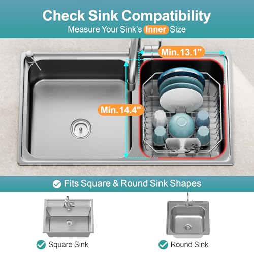 GSlife Small in Sink Dish Drying Rack - Stainless Steel for RV Kitchen - color: Silver Rack With White Utensil Holder, size: Medium - 14.4" x 13.1" x 5.3"