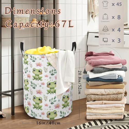 Cute Frog Laundry Hamper with Handles,Lotus Collapsible Waterproof Storage Basket for Dirty Clothes Books Round Organizer Bin for Bathroom Bedroom College Dorms 16" x 20.8" - color: Cute Frog Lotus