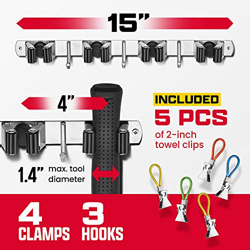2 Pack Wall Mount Hanger for Brooms & Mops - Adhesive Stainless Steel Mop Hanger for Wall, 4 Clamps, 3 Hooks, 10 Towel Hanger Clips Including Mounting Hardware for Tools Organization - color: Clear