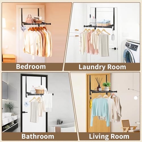 Over The Door Hanger with Storage Rack and 2 Hooks, Metal Over The Door Hanger for Clothes, Clothing Rod Drying Racks for Laundry, Bedroom, Bathroom, Living Room,Office,Fits Door Up to 1.77" - size: 24.8inch(L)