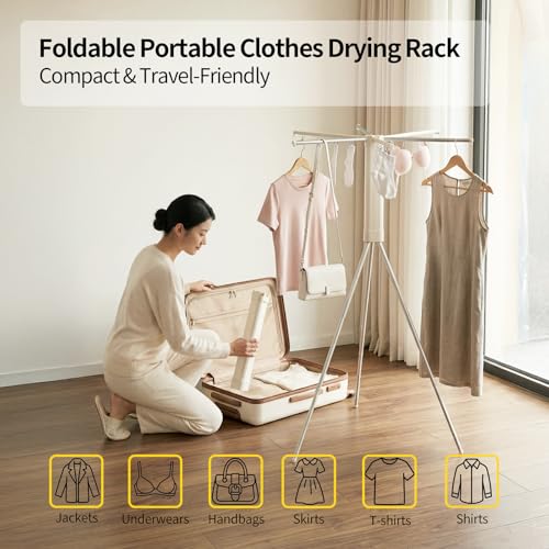 BIREN Foldable Clothes Drying Rack Tripod Clothes Rack with Clips Heavy Duty Laundry Rack Portable Clothing Racks for Travel, Camping, Hotel, Apartment, 6 Poles - size: 6 poles