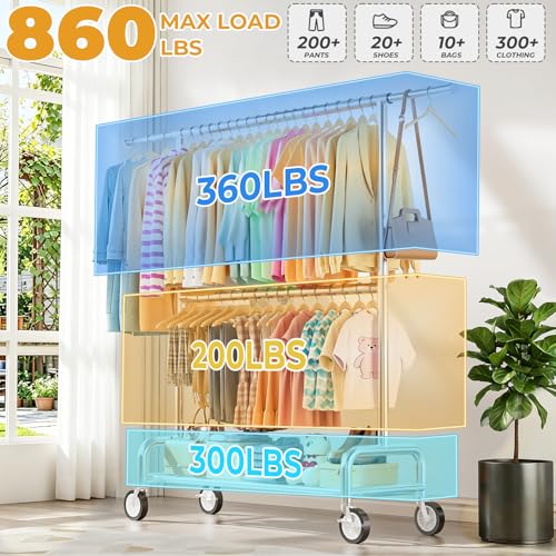 Heavy Duty Clothes Rack Load 860LBS, Double Rods Rolling Clothing Racks for Hanging Clothes, Rolling Garment Rack With Sturdy Wheels Shelves, Portable & Adjustable Commercial Garment Rack, Silver - color: Silver, size: 15.0" x 63.4" x 74.8"(2 Rods)