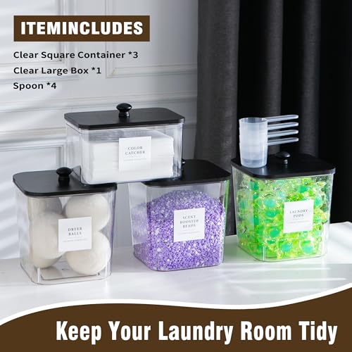 Laundry Room Organization Container, 4pcs Acrylic Laundry Pod Storage Containers, Black Dryer Sheet Holder Jars with Bamboo Lids and Labels for Scent Booster Powder Detergent Pods Storage - color: B-Black Laundry Pod Conatiner