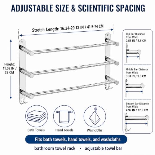 Expandable Bathroom Towel Rack 16.34-29.13 in Adjustable 3-Tier Wall Mounted Bathroom Towel Bar with Hooks Silver Towel Holder for Bath Towels Hand Towels Washcloths Bathroom Kitchen Vanity - color: Expandable Bathroom Towel Rack