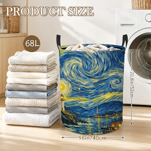 Starry Night Laundry Basket, Foldable Oxford Cloth Coastal Lighthouse Laundry Hamper with Handles, Tote Bag Clothes Storage Bucket for Laundry Room/Bathroom/Bedroom/Dormitories 20.8"x16" - color: Starry Night