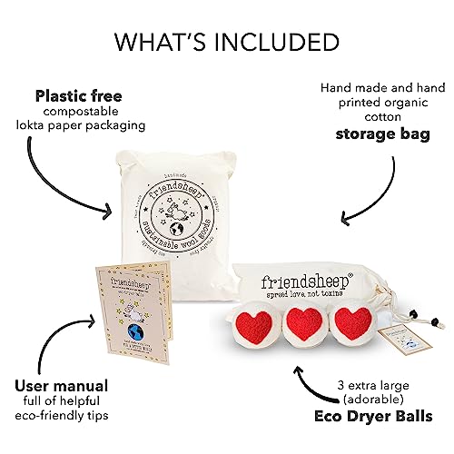 Friendsheep Wool Dryer Balls, Organic Reusable Fabric Softener Alternative for Laundry, Handmade, Fair Trade, Hypoallergenic, Eco-Friendly, Plastic-Free (3 Pack XL – Red Heart ) - color: Red Heart Trio, size: 1 Count (Pack of 3)