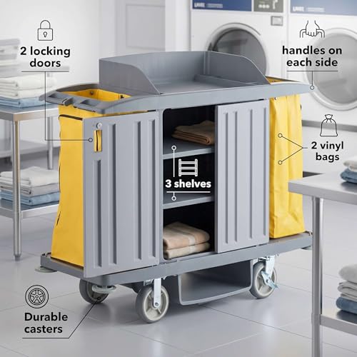 60” x 21” x 50” Large Locking 3-Shelf Multifunctional Housekeeping Cart - Commercial Hotel Cart with 2 Zippered Vinyl Bags, 8 Top Compartments, Underdeck Shelf, Fender Wheels, Locking Casters - 220 lb - size: Large (3 Shelf)