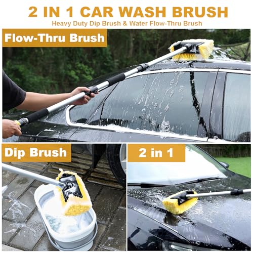 54" Car Wash Brush with Long Handle and 12" Soft Bristle Brush Head, Water Flow-Thru Car Washing Brush with Hose Attachment for Cleaning Car, RV, Truck, Boat, Camper, House Siding and More - color: Yellow, size: 54"