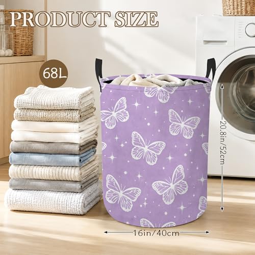 Laundry Hamper, Butterfly Star Collapsible Lavender Laundry Baskets Waterproof Oxford Cloth With Handles, Clothes Storage Bucket For Bathroom/Bedroom 16" x 20.8" - color: Butterfly Star
