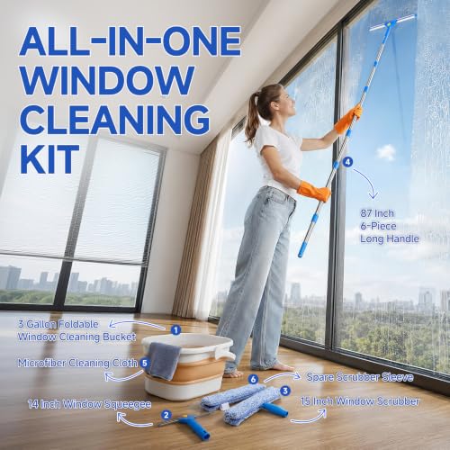 Window Cleaning Kit, 3 Gallon Foldable Bucket, 87 Inch Long Handle