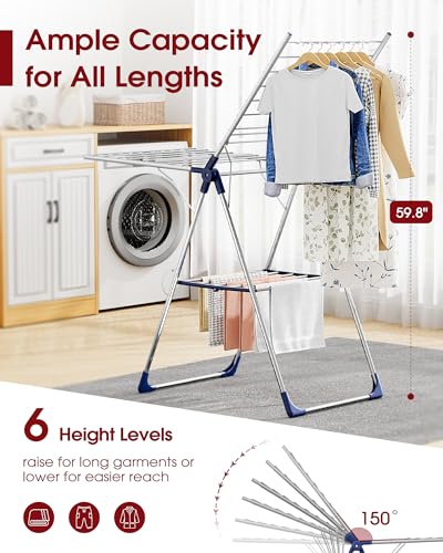 Sakugi Clothes Drying Rack, 55.5" Adjustable Wings, Foldable Design - color: Silver & Blue, size: Large (55.5"L x 22.8"W x 36.6"H)