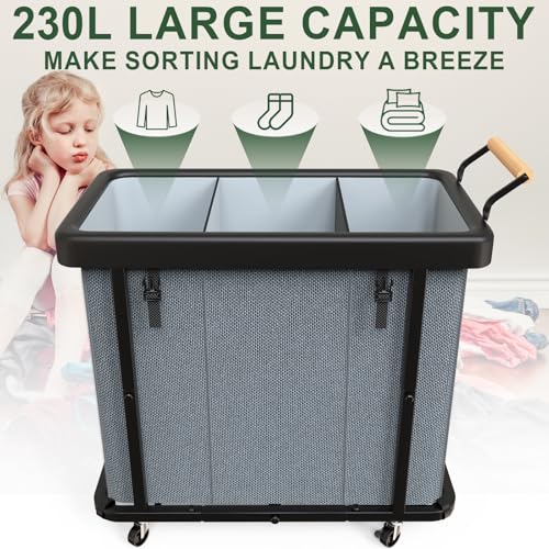 Laundry Hamper 3 Section with Lid,230L Rolling Dirty Clothes Hamper Grey - color: Gray-3 Section, size: 60 Gal