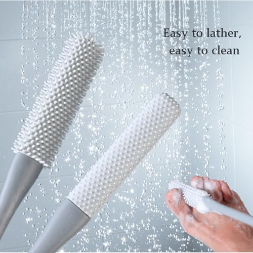Toe Cleaning Brush with 15.7" Long Handle, Foot Scrubber in Shower - color: Pink