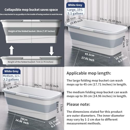 Large Collapsible Mop Bucket - 19L 5.1 Gallon Rectangular Foldable Bucket with Dual Handles & Reinforced Base for House Cleaning/Car Washing/RV Accessory - color: White Grey, size: 19 L