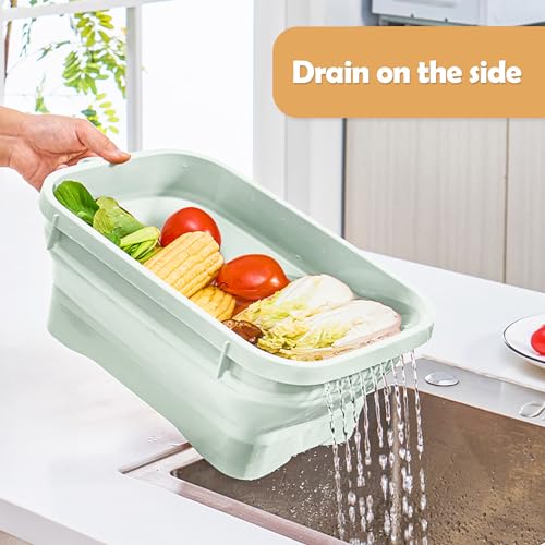 Collapsible Dish Pans, 2Gal (7.5L) Capacity, Plastic Dish Tub Dishpan for Kitchen Sink with Drainage Hole, Foldable Small Wash Basin for Kitchen, Camping, Travel (Green) - color: Green