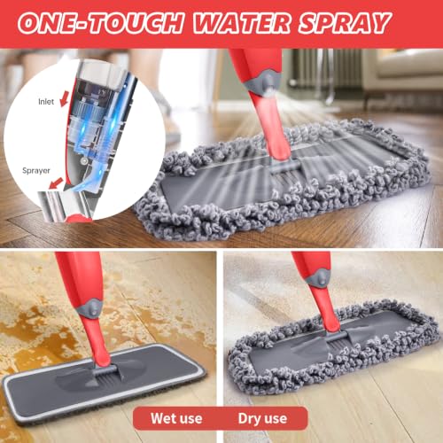 HOMTOYOU Dust Mop for Hardwood Floors: Microfiber Spray Mop for Cleaning - color: Red