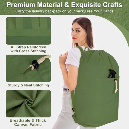 Laundry Bag Backpack, Canvas Laundry Bag with Straps & Drawstring Armygreen - color: Army Green, size: X-Large