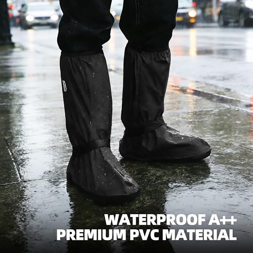 Waterproof Reusable Boot Covers for Men & Women, Extended Mid-Calf Rain Shoe Covers with Side Zipper, Dual Buckle Fit, Slip-Resistant Sole, Reflective Trim & Storage Pouch - color: Black, size: M 5–6 / W 6.5–7.5