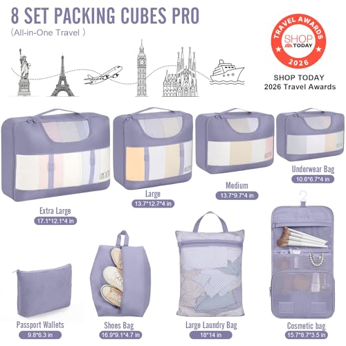 Veken 8 Set Packing Cubes for Travel Essentials,Anti-Wrinkle Buckled Suitcase Organizer for Shoe & Toiletry Bag,Carry On Luggage Bag with 99+ Count Mesh Holes for Airplane & College Dorm Accessories - color: 14 Early Purple Gray