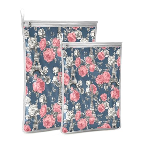 Mesh Laundry Bags Lingerie Bags for Washing Delicates 2 PCS Durable Wash Bag with Zipper Small and Medium Washable Blue French Eiffel Tower and Roses - color: Blue French Eiffel Tower and Roses