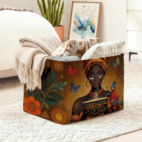 African Woman Laundry Hamper with Handles,Large 56L Foldable Square Clothes Basket Multi‑Use Blanket Storage Bins for Organizing Books,Toys,Gifts,Room Decoration,Laundry Room,Dorm Nursery - color: African Woman