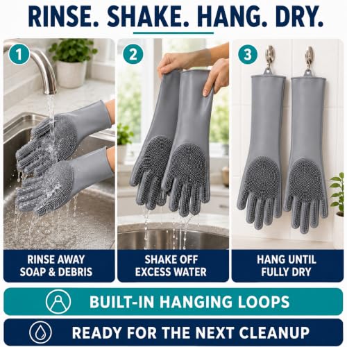 Silicone Dishwashing Gloves with Scrubber Bristles, Food-Grade Cleaning Mitts for Kitchen Dishes, Pet Grooming & Car Wash - color: Grey