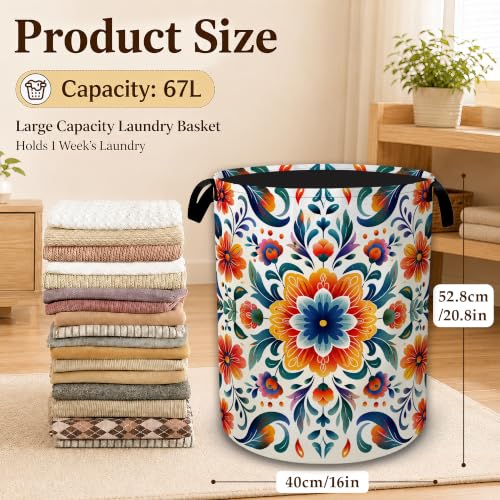 Mexico Folk Floral Large Laundry Hamper, Collapsible Oxford Clothes Basket with Handles, Freestanding Dirty Clothes Organizer for Bedroom Bathroom Dorm Laundry Room, 16 x 20.8 Inch - color: Mexico Folk Floral